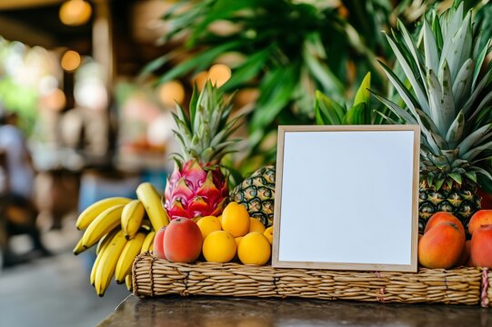 Exotic fruits basket with blank sign mockup template displaying tropical advertisement in a food market