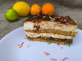 piece of delicious cake on a white plate. High quality photos
