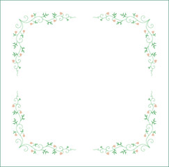 Elegant green vegetal ornamental frame with leaves and pink flowers, decorative border, corners for greeting cards. Isolated vector illustration