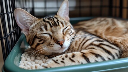 Bengal cat peacefully sleeping in a cozy litter box with soft bedding, showcasing its distinctive spotted fur and relaxed expression in a home setting.