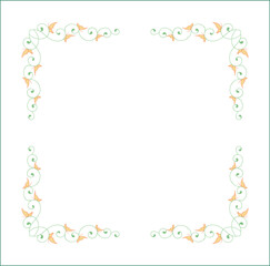 Obraz premium Elegant green vegetal ornamental frame with leaves and yellow butterflies, decorative border, corners for greeting cards. Isolated vector illustration
