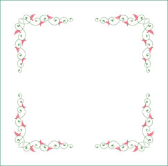 Elegant green vegetal ornamental frame with leaves and pink butterflies, decorative border, corners for greeting cards. Isolated vector illustration