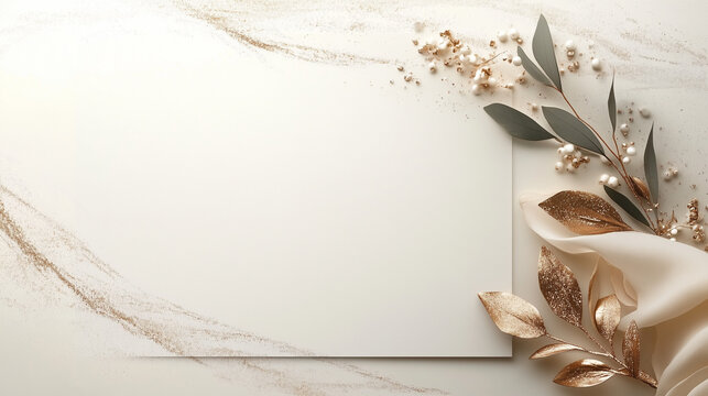 Minimalist white card background with gold accents, silk ribbon, and elegant floral decor for luxury celebrations or invitations