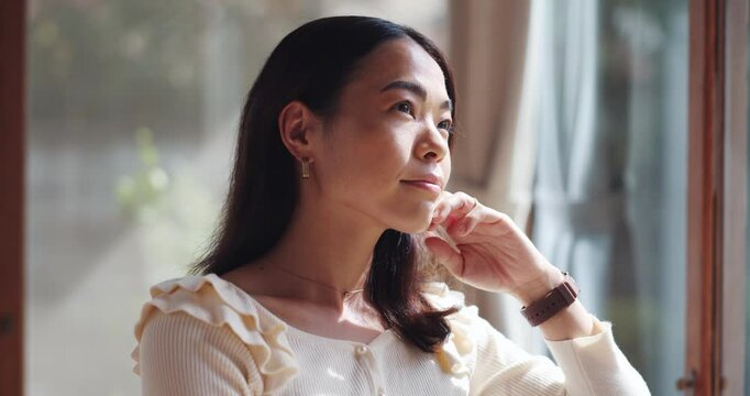 Asian woman, thinking and home window for peace, contemplating future and ideas on morning. Female person, remember memory and reflection on perspective, inspiration and weekend nostalgia in Japan