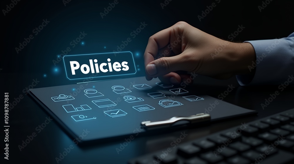 Poster comprehensive policy documentation and compliance review visual with icons for financial detail and 