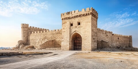 Fototapeta premium Ancient stone castle with an impressive entrance under a clear blue sky.