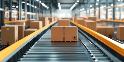 Automated conveyor system transporting cardboard boxes in a distribution center.