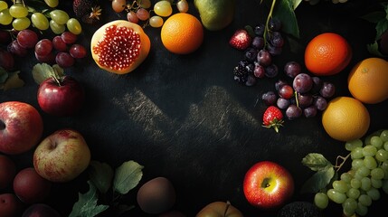 Vibrant assortment of fruits arranged on a dark backdrop, featuring apples, grapes, oranges, strawberries, pears, and pomegranate.