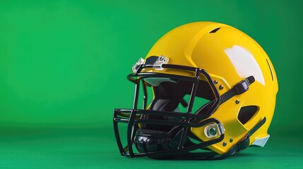 Fototapeta premium Vibrant yellow football helmet with black face mask on an eye-catching green background, showcasing modern sports equipment design and bold color contrast.