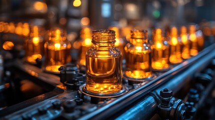 Glass bottles filled with amber liquid are arranged in a row on a conveyor belt in a factory setting