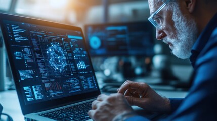 A researcher with a gray beard and glasses is deeply engaged in analyzing intricate data displayed on a laptop, surrounded by advanced technology in a bright workspace