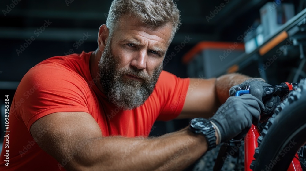 Poster bearded man dressed in a red shirt focuses while repairing a bicycle in a well-equipped workshop. he