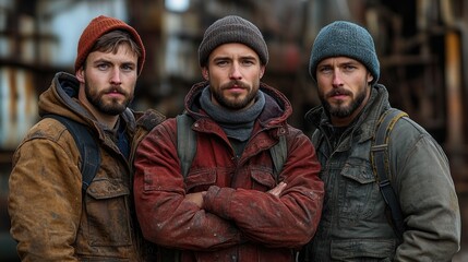 Three men stand closely together in rugged work attire, showcasing confident expressions. They are situated in an industrial environment, with machinery and structures in the background