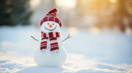 Fototapeta premium Little snowman in a cap and a scarf on snow in the winter. Christmas card with a lovely snowman, copy space