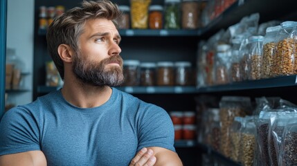 young man stands with crossed arms, pondering his choices while examining jars filled with nuts and grains in a contemporary grocery store. shelves are neatly arranged with various items