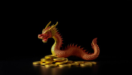 Obraz premium Golden Dragon Figurine with Coins on Black Background