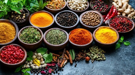 Fototapeta premium Various aromatic colorful spices and herbs. Ingredients for cooking. Ayurveda treatments.