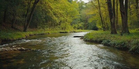 Obraz premium Scenic view of a tranquil river flowing through lush green forest landscapes.
