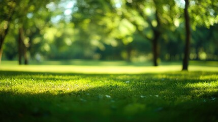 Fototapeta premium Serene park scene with blurred green trees, natural foliage, and vibrant lawns illuminated by soft bokeh lighting, creating a tranquil outdoor atmosphere.