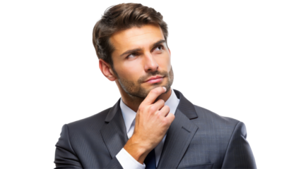 Serious man in a business suit contemplating ideas against a white background during a professional setting