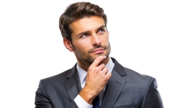 Serious man in a business suit contemplating ideas against a white background during a professional setting