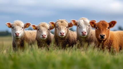 Obraz premium Livestock Herd in Green Pasture Under Blue Sky