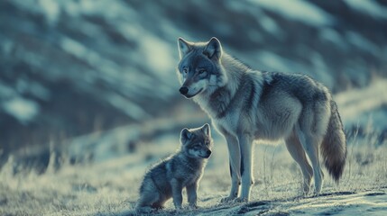 Obraz premium Adult wolf stands watch over its young pup in a serene wilderness setting, highlighting the bond and protective instinct of wildlife families.