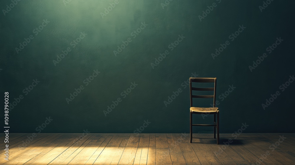 Aufkleber a vacant room features polished wooden floors and a lone chair positioned against a deep-colored wal