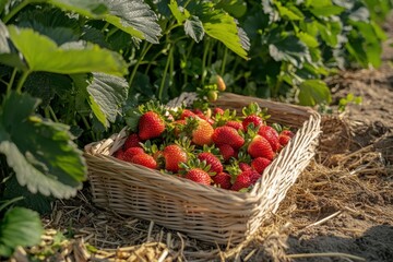 Fresh succulent strawberries gathered in a basket on a table Premium image
