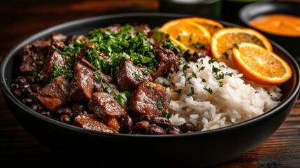 Fototapeta premium A black bowl of food with rice and meat and a few oranges
