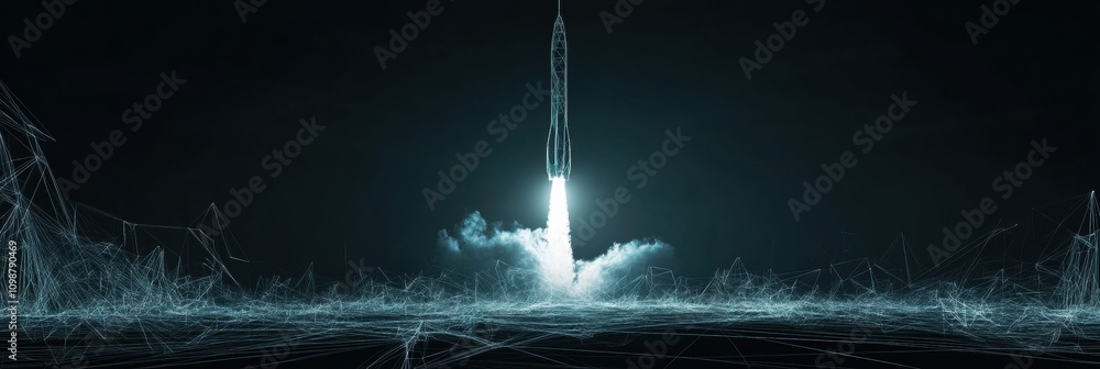 Aufkleber a dynamic wireframe rocket launches against a dark background, symbolizing advancements in technolog