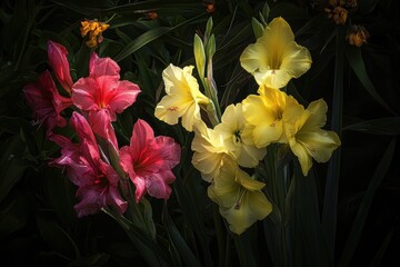 Fototapeta premium Gladiolus also known as Sword Lily features pink and yellow blooms in the garden
