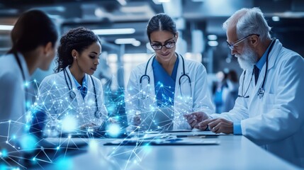 Group of doctors analyzing data with digital connections overlay, representing collaboration and innovation in healthcare technology. Ideal for medical teamwork, healthcare advancements