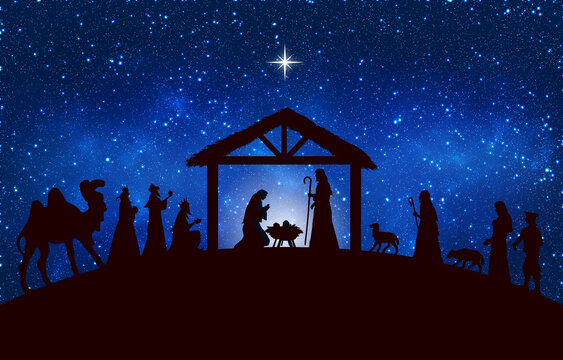 Christmas Nativity scene illustration. The Adoration of the Magi. Three Wise Men and shepherds to the stable. Characters silhouettes on blue starry background.