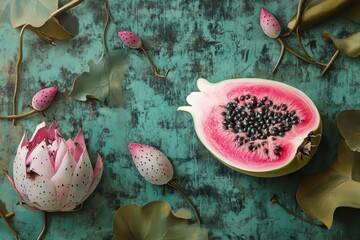 Half a dragonfruit on a green wallpaper backdrop