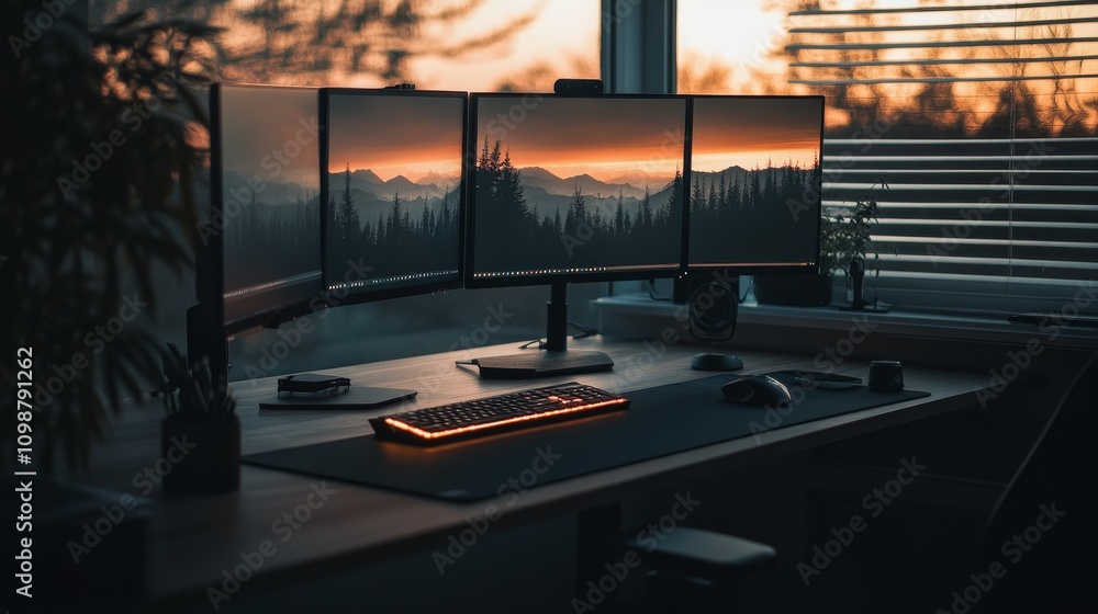 Poster modern workspace with triple monitor setup