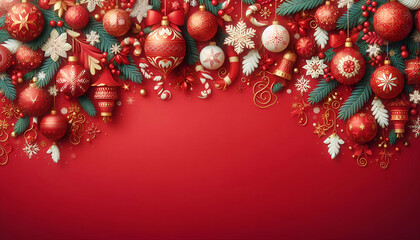 Square banner with gold and red Christmas symbols and text. Christmas tree, balls, golden tinsel confetti and snowflakes on red background. Header for website template