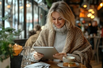 A young woman in informal clothes with a smiling face works on a tablet at a table in a cafe in a calm, cozy environment.