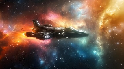 Futuristic spaceship flying through vibrant nebula.
