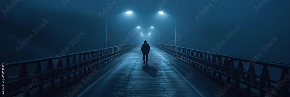 Poster a lone person starts down a deserted bridge enveloped in fog, illuminated by soft lights against the