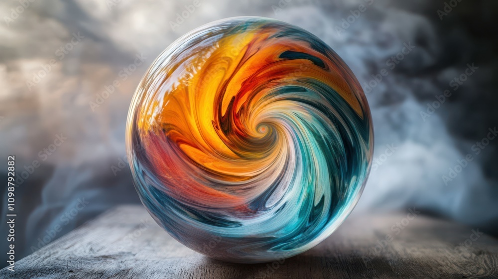 Poster mesmerizing vortex of swirling liquid colors contained within a translucent sphere, evoking the powe