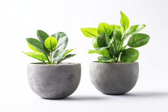Isolated faux plant in fiber pot on white modern cement planter lightweight concrete terrazzo flowerpot