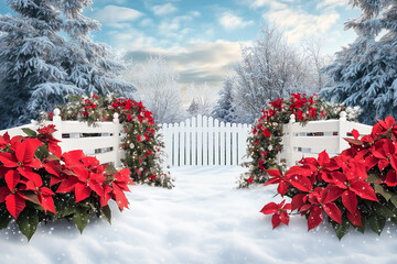 Snowy garden in winter under a cloudy sky