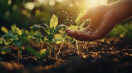 Fototapeta premium Growing Concept - Hand Watering Young Plants With Flare effect