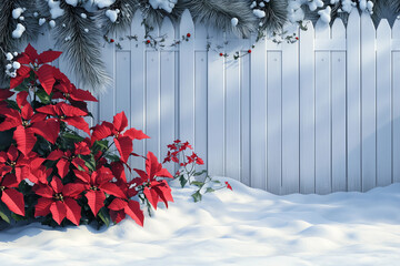 White fence under snow and poinsettias