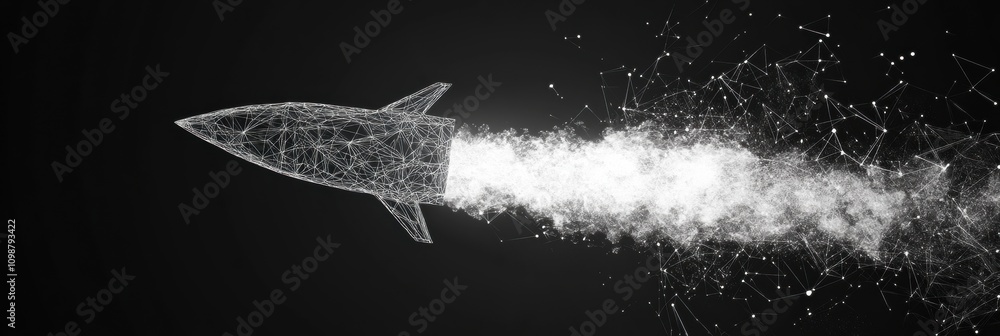 Poster abstract polygonal rocket launches into space, showcasing technology innovation with a wireframe des