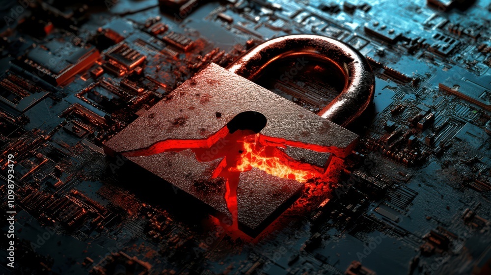 Poster hacker attack. security breach, system hacked, internet cyber attack alert with red broken padlock, 