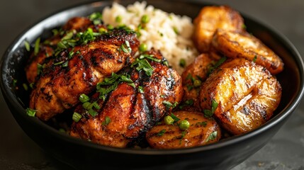 Fototapeta premium A black bowl filled with rice, potatoes, and chicken