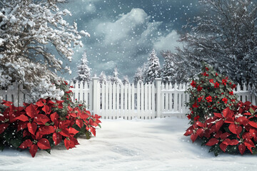 Backyard garden in winter with poinsettias
