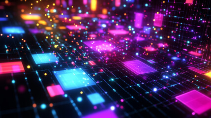 Obraz premium Vibrant grid of glowing neon blocks and particles in a colorful digital matrix